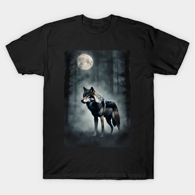 Mysterious Wolf in the Foggy Dark Forest Vintage T-Shirt by Art-Jiyuu